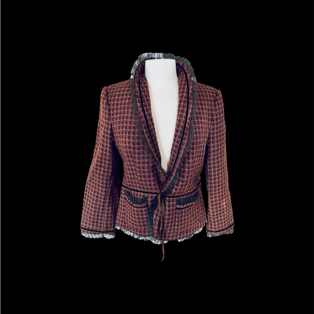 DKNY Textured Brown Wool Blazer with Black Lace Trim
